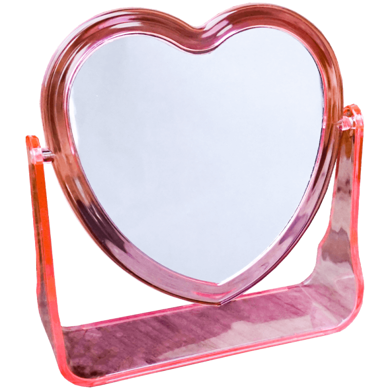 Oglinda cosmetica de make-up in forma de inima, cu 2 fete si suport din plastic, 18 x 16 CM